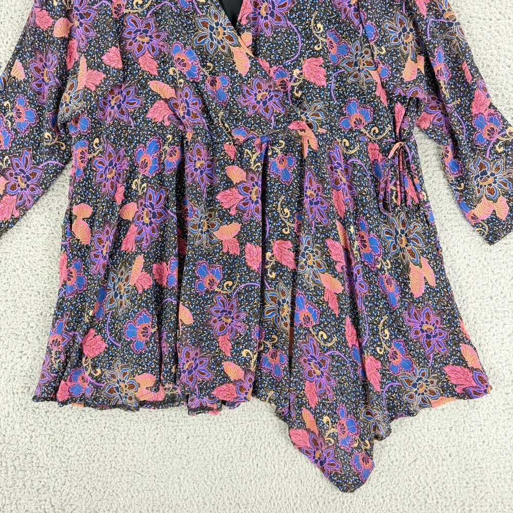 Free People Mini Dress Womens Medium Black Floral‎ Boho Wrap V-Neck OB1418794